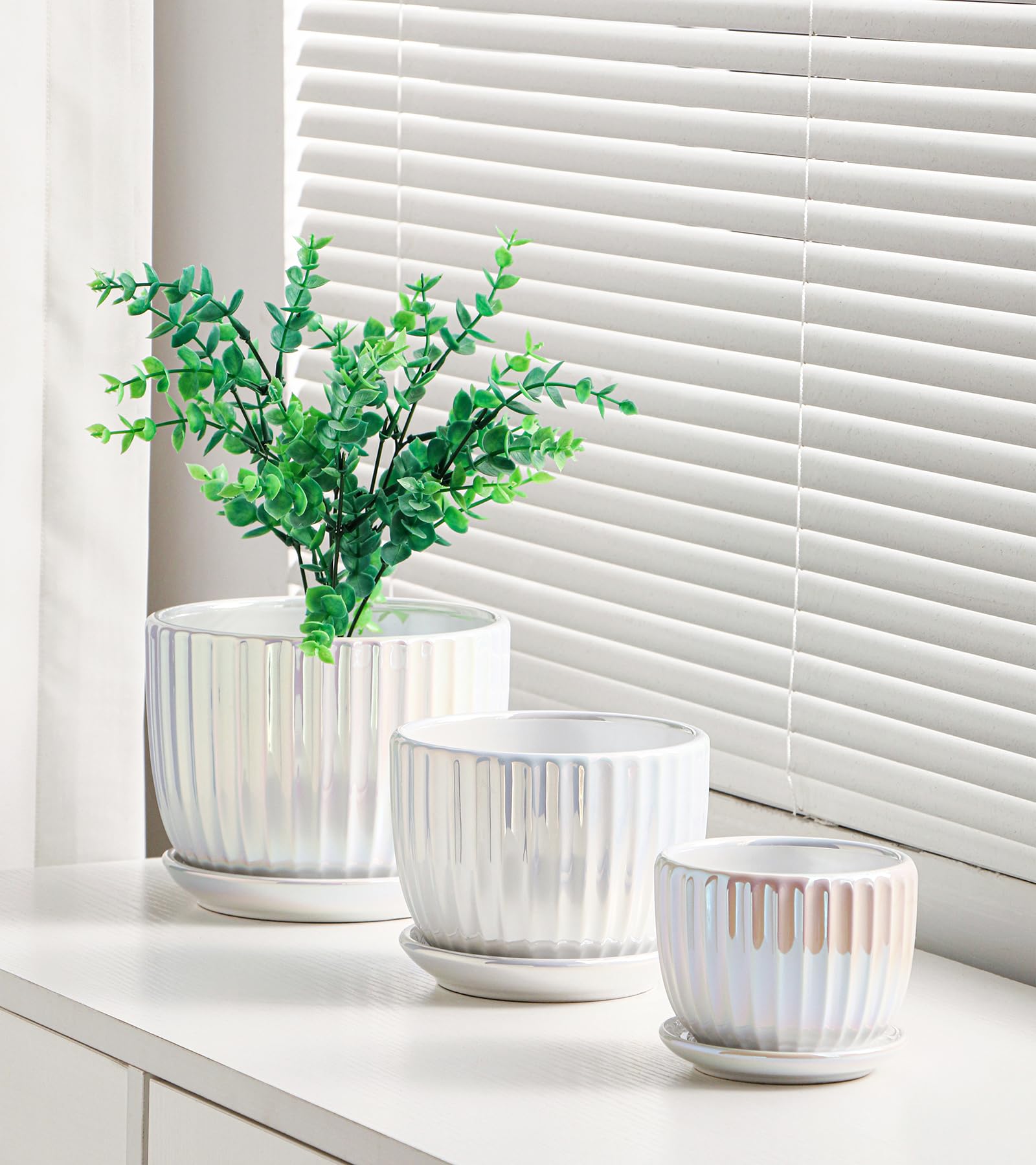 Ceramic Flower Pots, 4"+5"+6" Inch Small Glazed Succulent Planters with Drainage Hole, Modern Indoor Decorative Plant Pots Set of 3,Garden Pots with Saucer