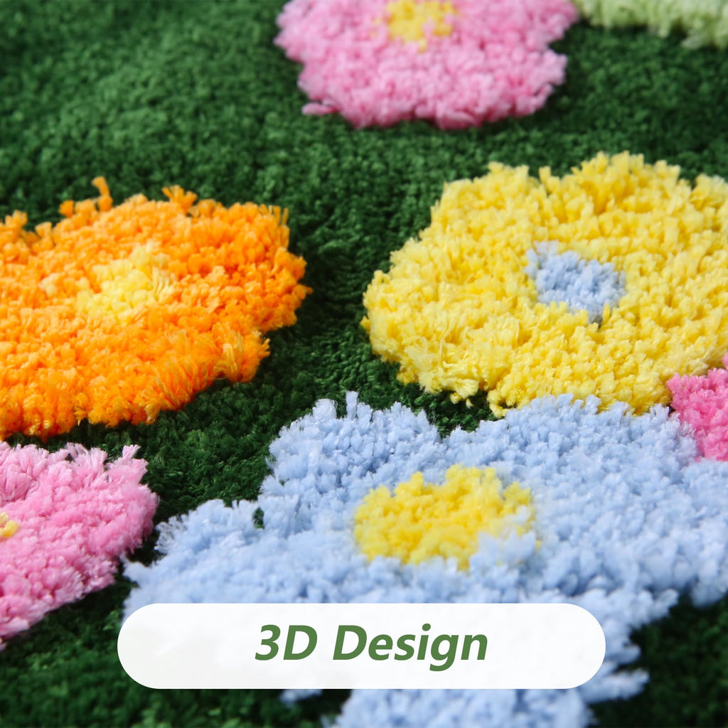 Moss Green Toilet Rugs, Luxury Tufted Extra Thick U-Shaped Toilet Rug,Cute Flower Green Moss Bath Mat Non Slip - Washable Water Absorbent Shag Bathroom Rugs for Bath