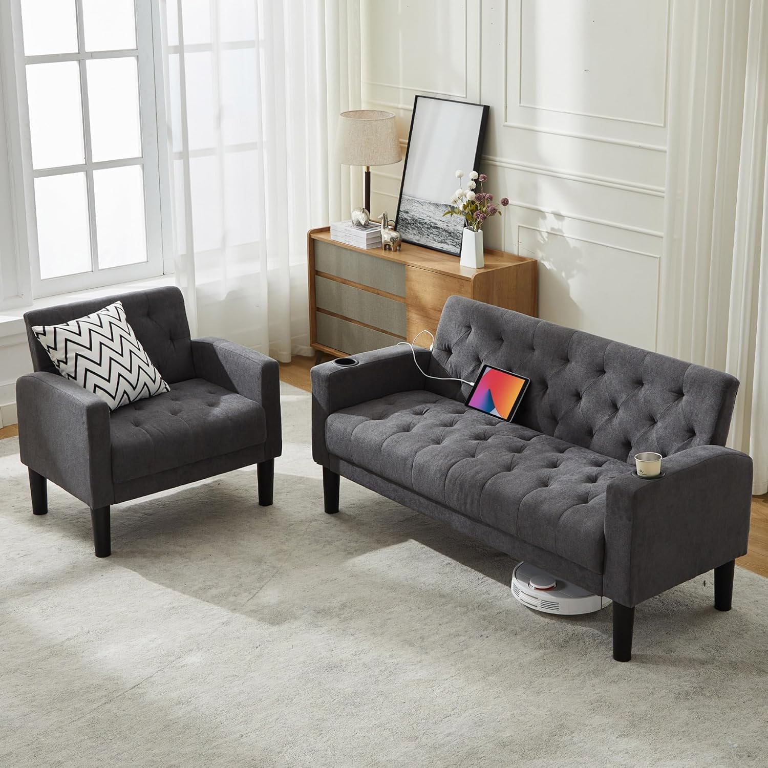 Velvet Loveseat Sofa w/ 2 USB Charger Ports and 2 Cupholders, Mid-Century Modern Tufted