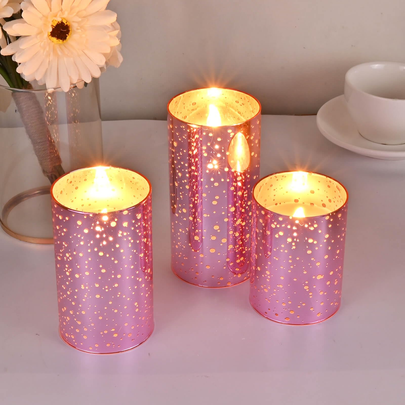 Pink Glass Battery Operated Flameless Candles with Remote and Cycling 24 Hours Timer, (Batteries Included)