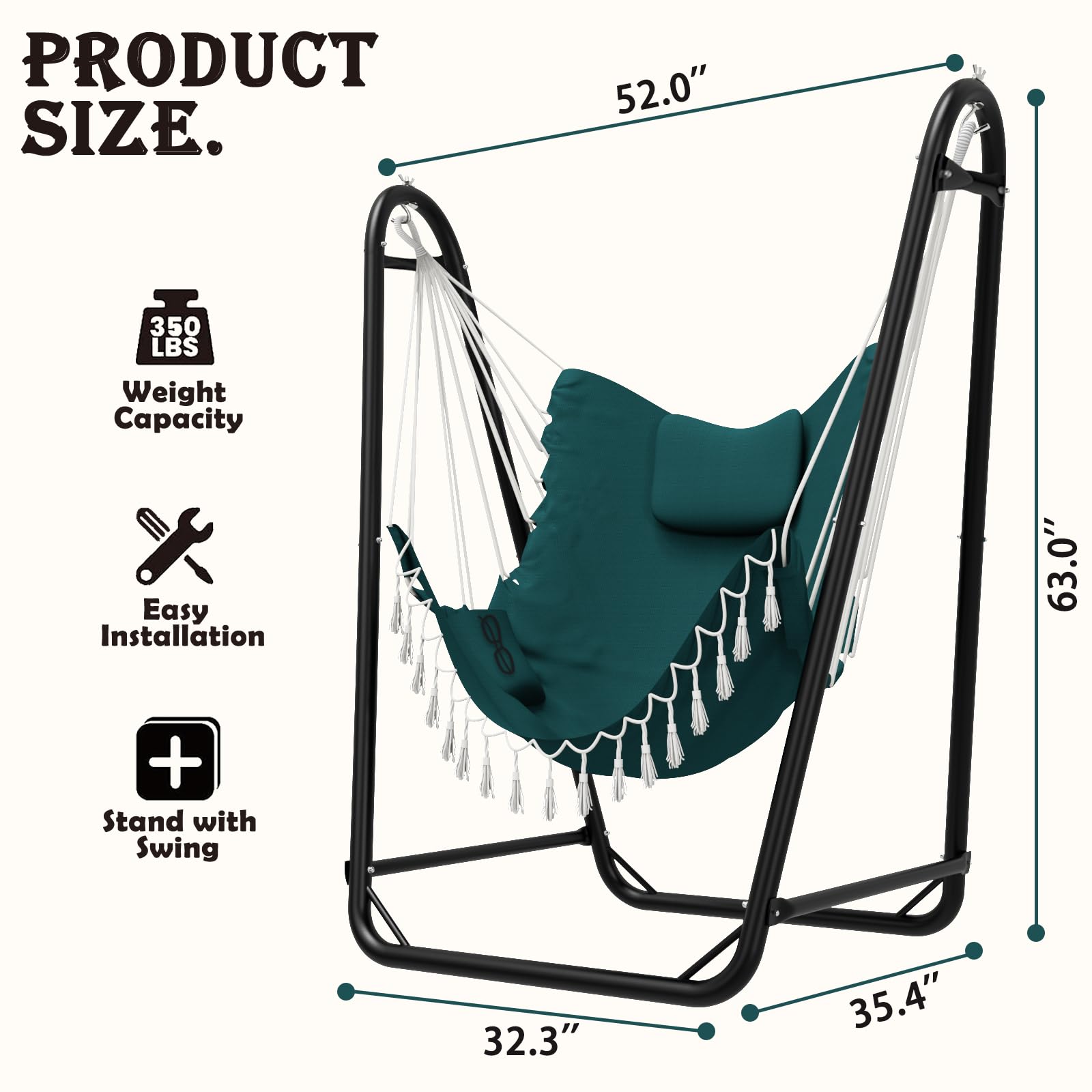 Hammock Chair with Stand,Heavy-Duty Hanging Chair with Stand for Indoor Outdoor, Sturdy Swing Chair Stand Max Load 350 pounds (Hammock Chair Included)