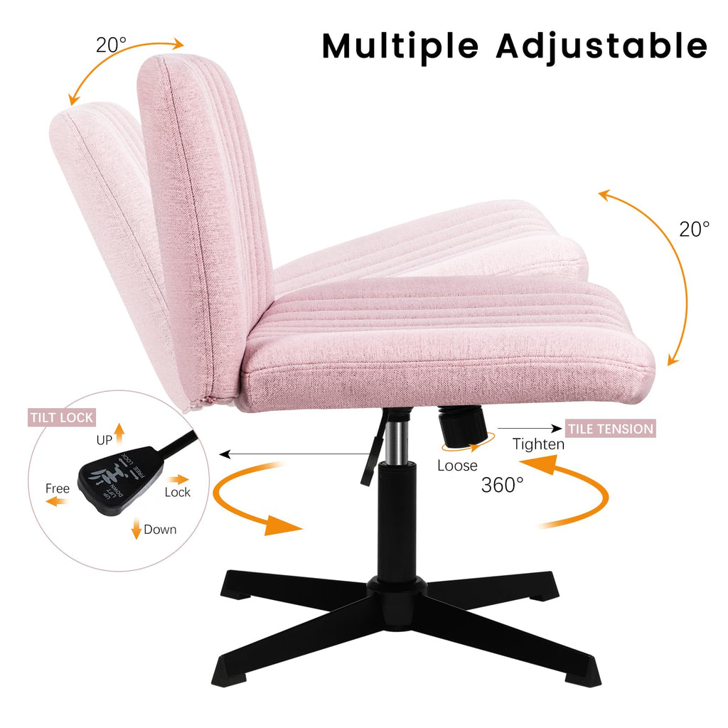 Criss Cross Chair, Armless Cross Legged Office Desk Chair No Wheels, Fabric Padded Modern Swivel Height Adjustable Mid Back Wide Seat