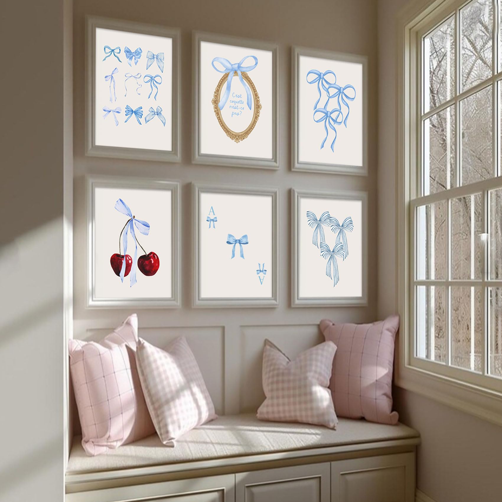 Coquette 6pcs Blue Bow Canvas Wall Art Preppy Decor Trendy Red Cherry Mirror Posters Room Decoration Unframed
