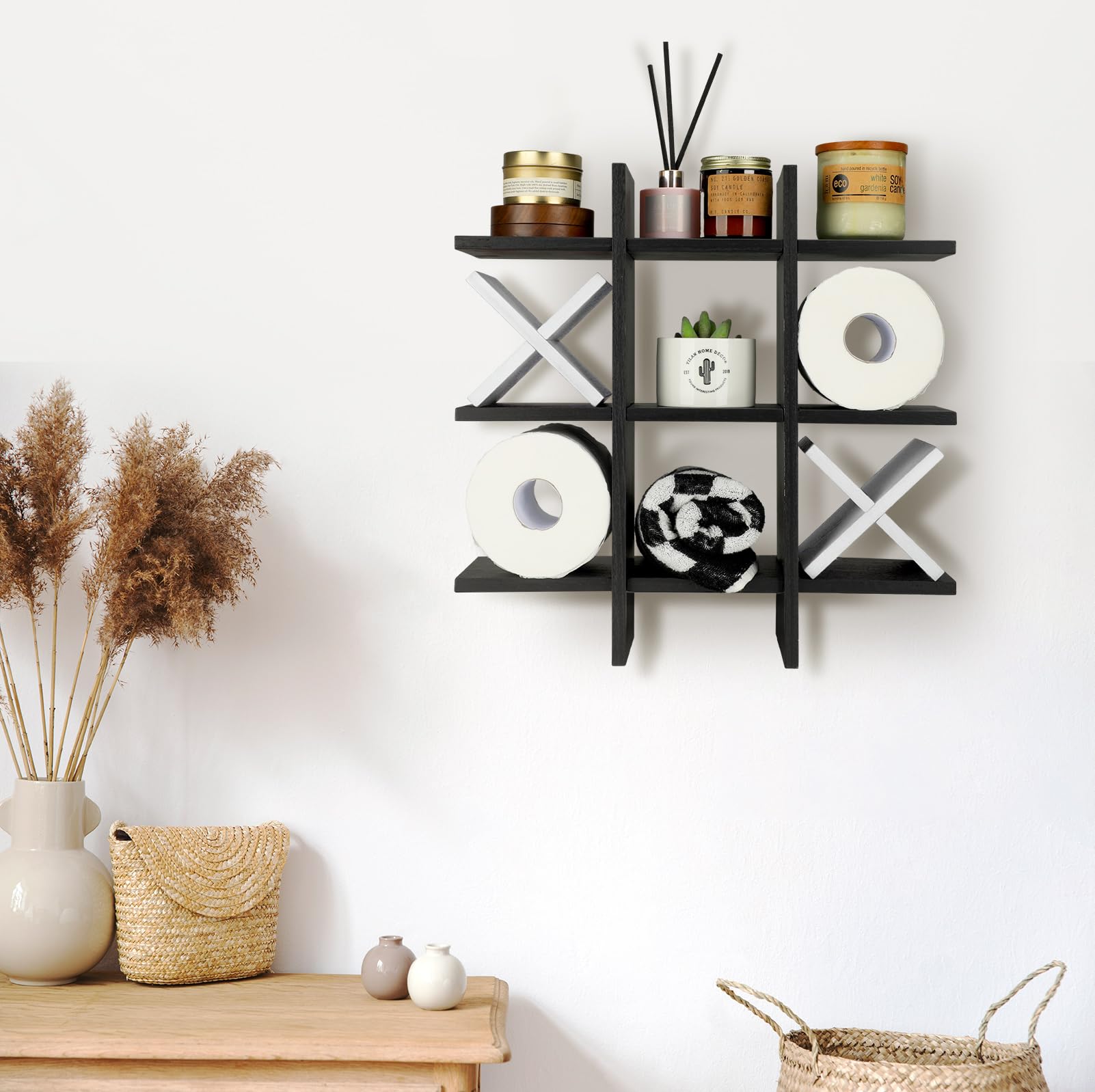 Tic Tac Toe Toilet Paper Holder Stand Bathroom Wall Decor Rustic Wooden Hanging Storage Freestanding Wall Mounted Shelves Decor