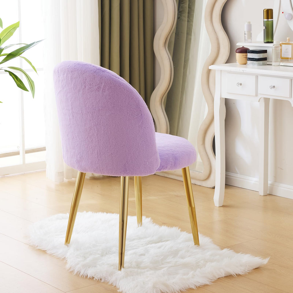Cute, non-wheeled desk chair with backrest, fluffy cushion, cozy makeup chair with adjustable golden legs
