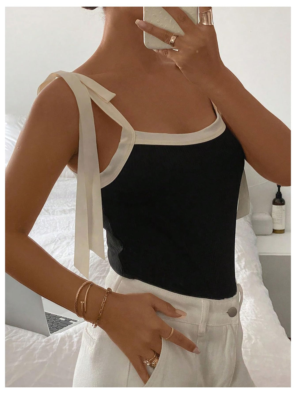 Women's Coquette Bow Tie Shoulder Tank Tops Backless Fitted Crop Tops