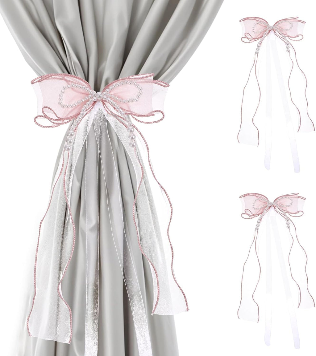 Sweet Pink Bow Curtain Holdbacks Buckles Ribbon Curtain Ties for with Pearls Home Decoration