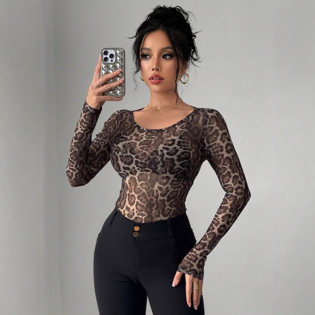 Transparent Leopard Mesh Round Neck Long Sleeved Fitted T-shirt