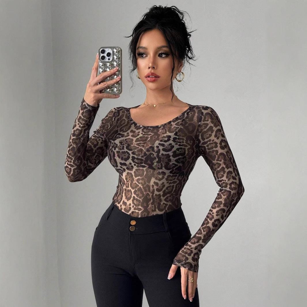 Transparent Leopard Mesh Round Neck Long Sleeved Fitted T-shirt