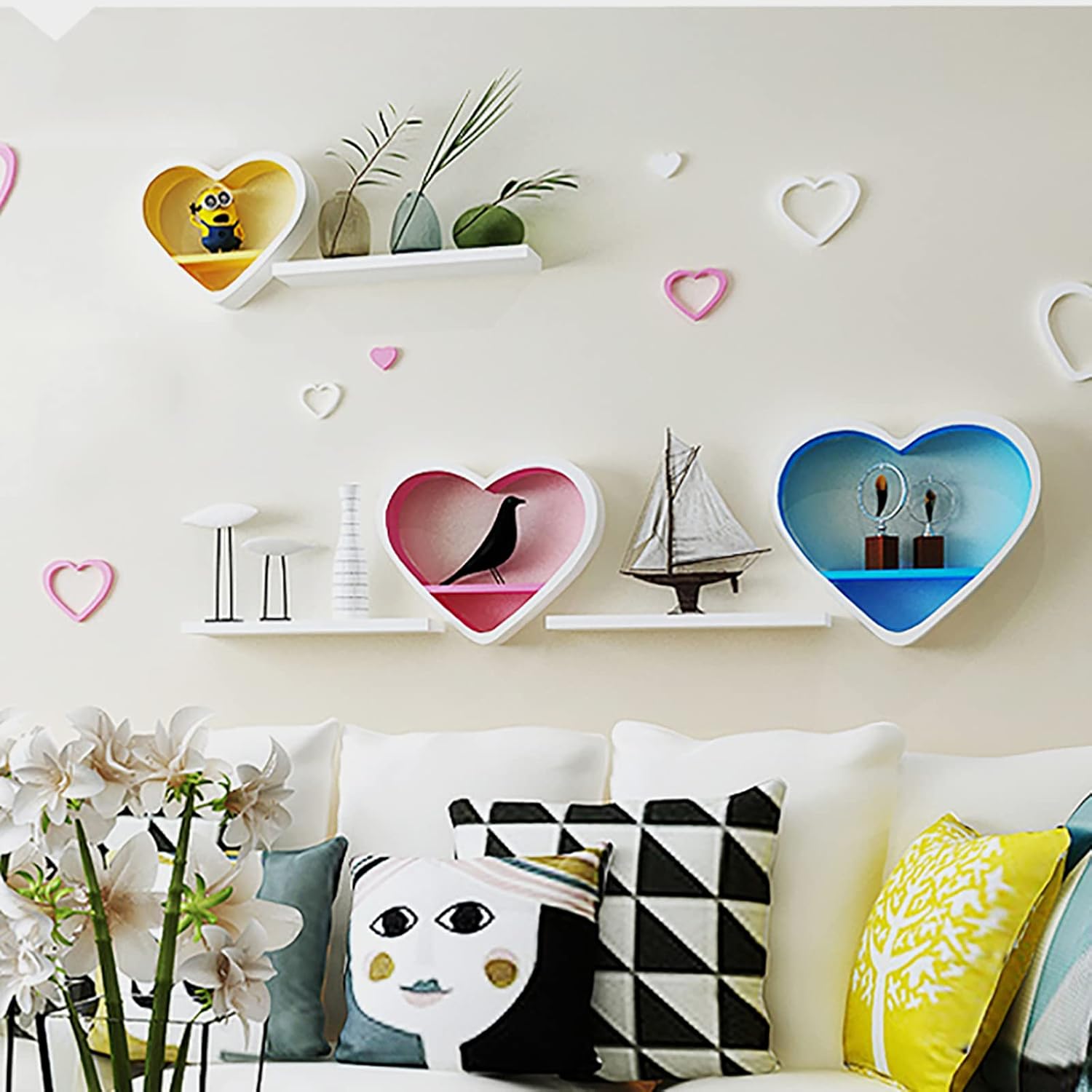 Set of 3 Heart-Shaped Floating Shelves â€?Kawaii Wood Wall Decor for Bedroom, Bathroom & Living Room