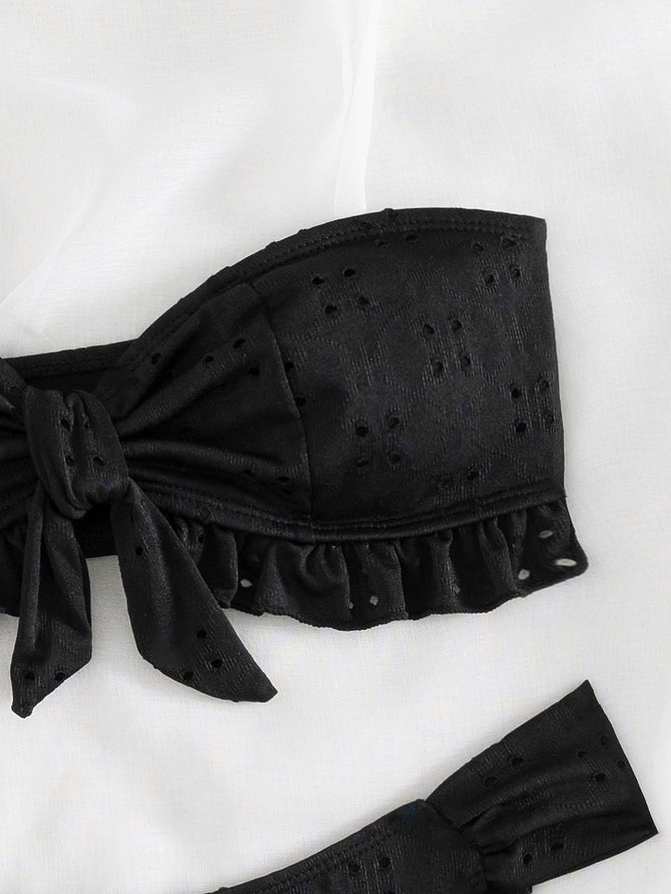 Women's 2 Piece Bathing Suit Ruffle Hem Bandeau Tie Front Bikini Set