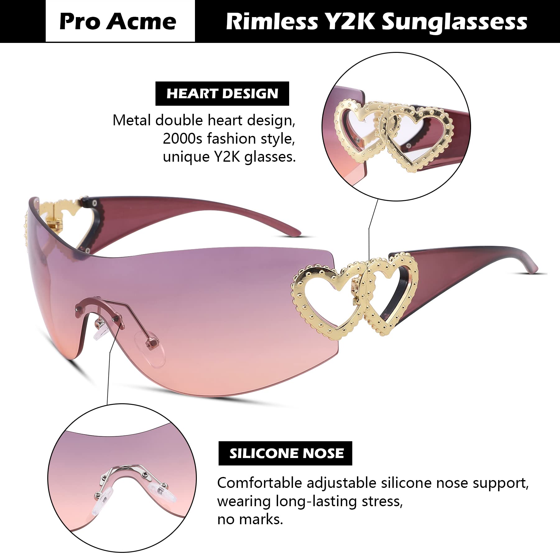 Wrap Around Heart Rhinestones Rimless Sunglasses Women Men, Oversized Fashion Futuristic Sun Glasses Cool Shade 2000S Trendy