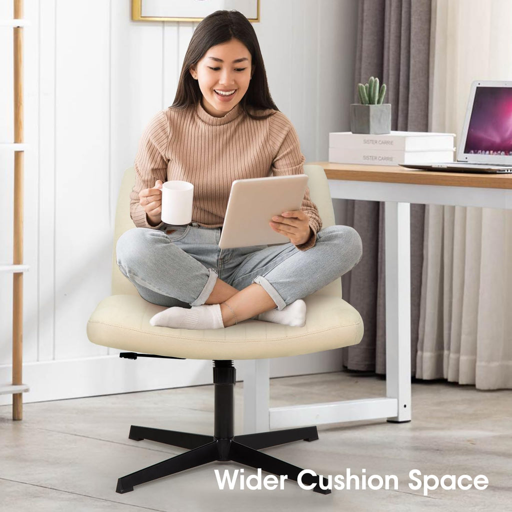 Criss Cross Chair, Armless Cross Legged Wide Comfty Desk Chair with No Wheels Modern Height Adjustable, Swivel Fabric Vanity Chair