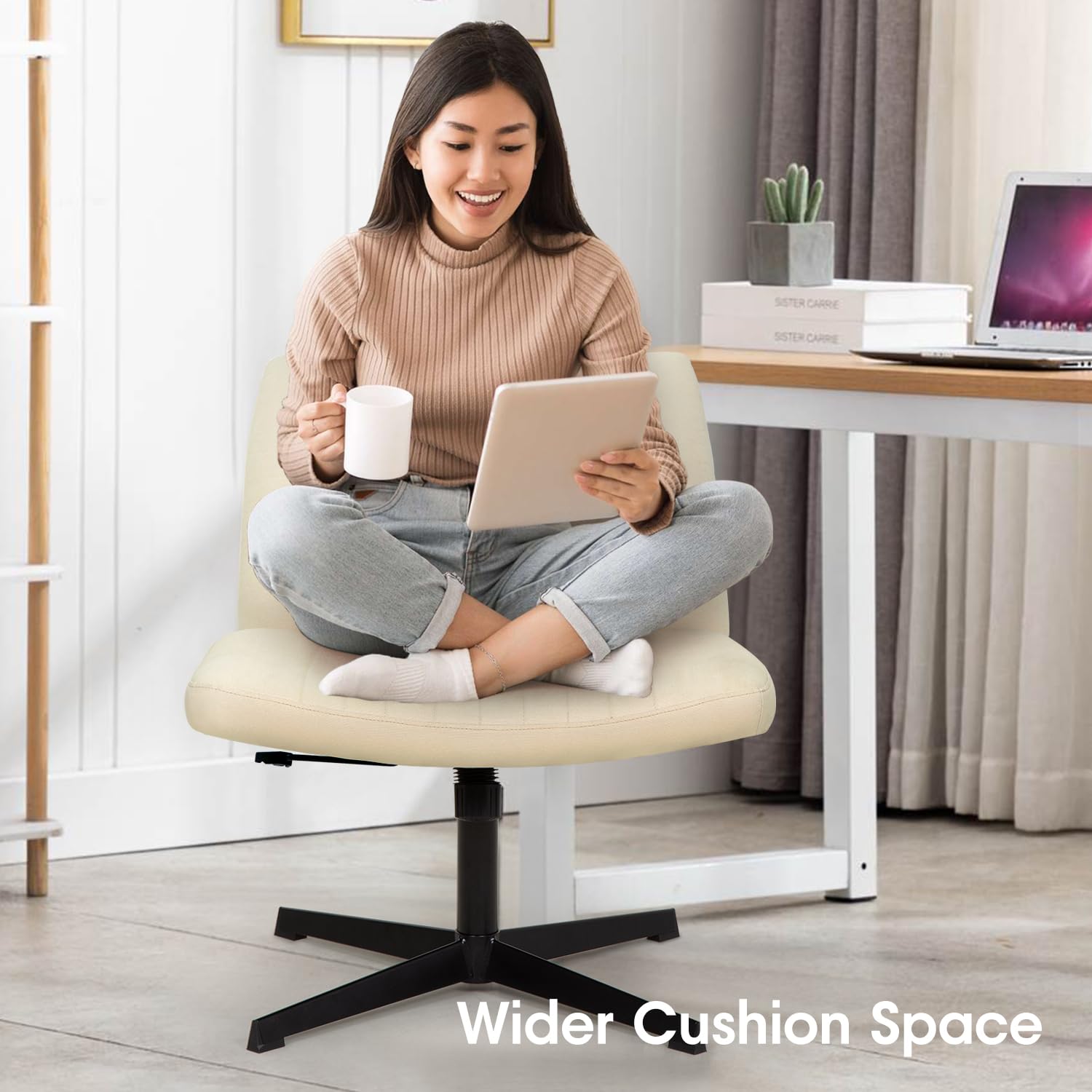 Criss Cross Chair, Armless Cross Legged Wide Comfty Desk Chair with No Wheels Modern Height Adjustable, Swivel Fabric Vanity Chair