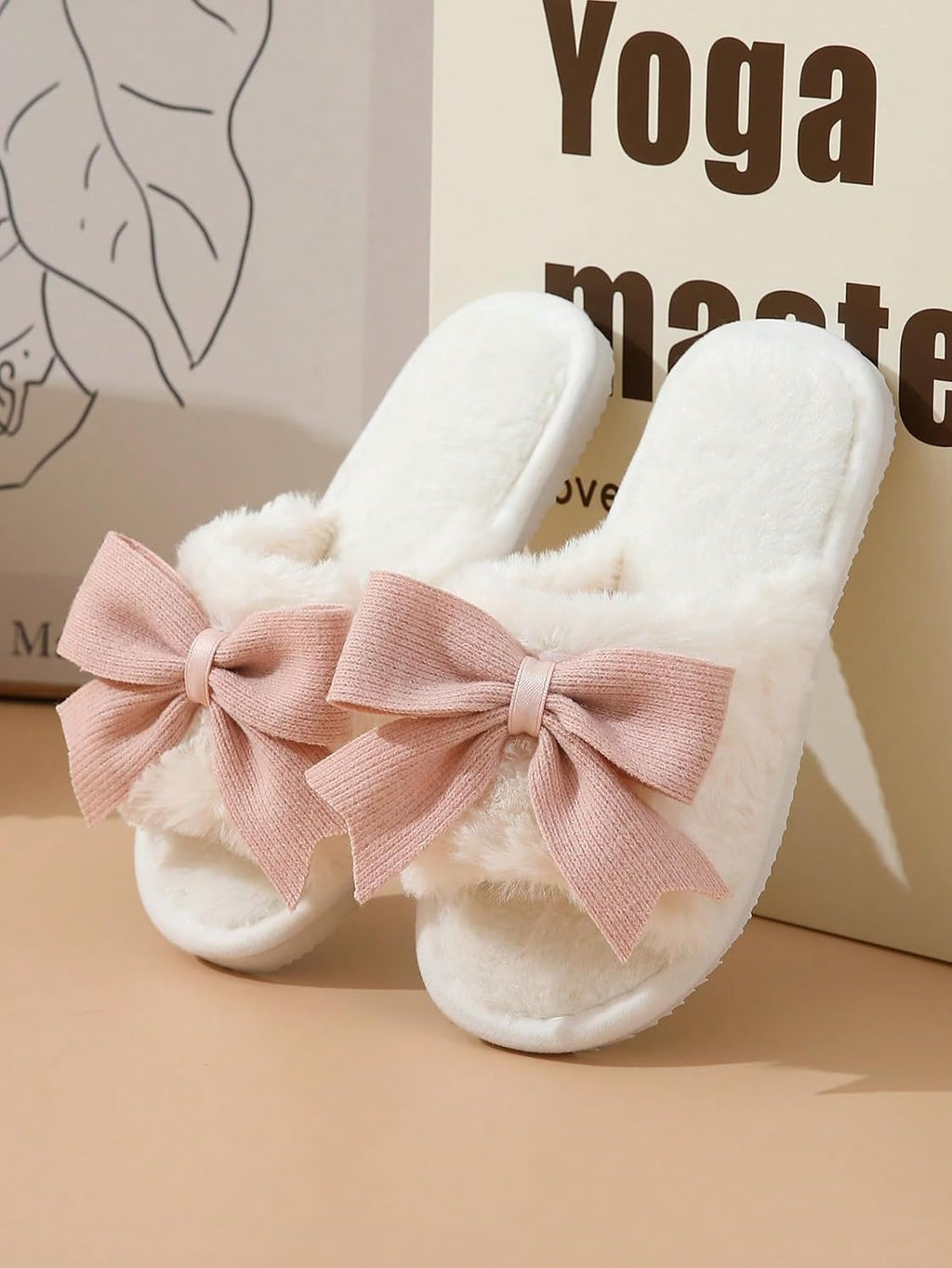 Women's Cute Bow Decor Fuzzy Open Toe Indoor Home Slippers Fashionable Warm Comfy Furry Outdoor Slippers