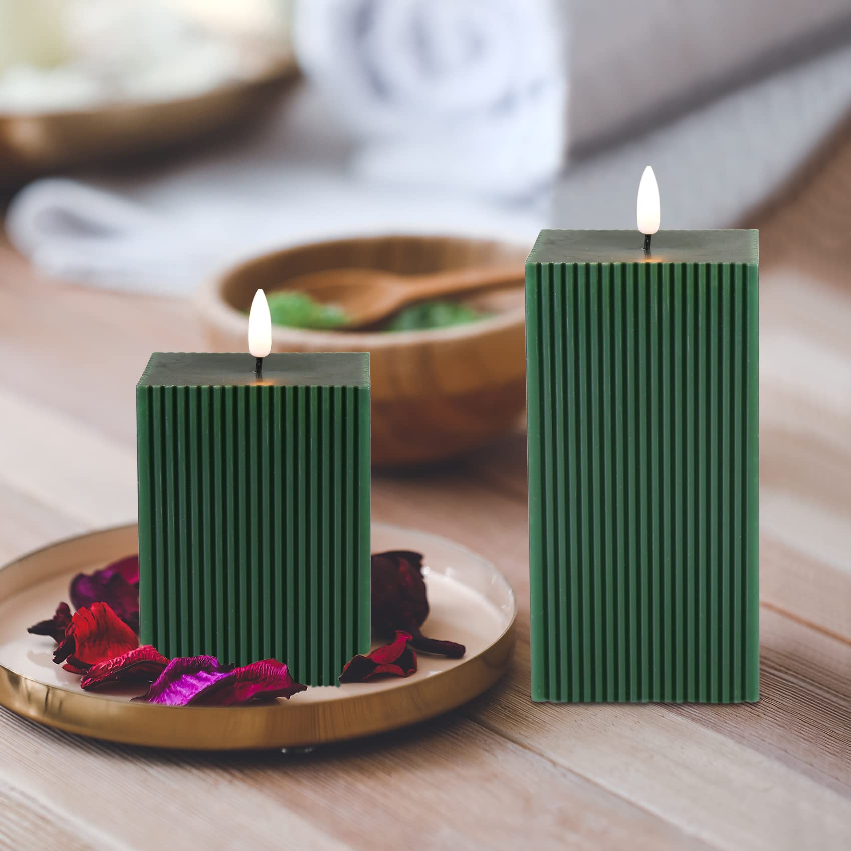 Square Ribbed Flameless Candles with Remote, Flickering Real Wax Battery LED Candles 3" H 4" 6"