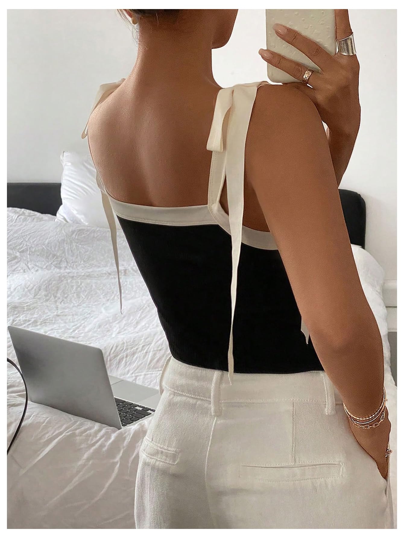 Women's Coquette Bow Tie Shoulder Tank Tops Backless Fitted Crop Tops