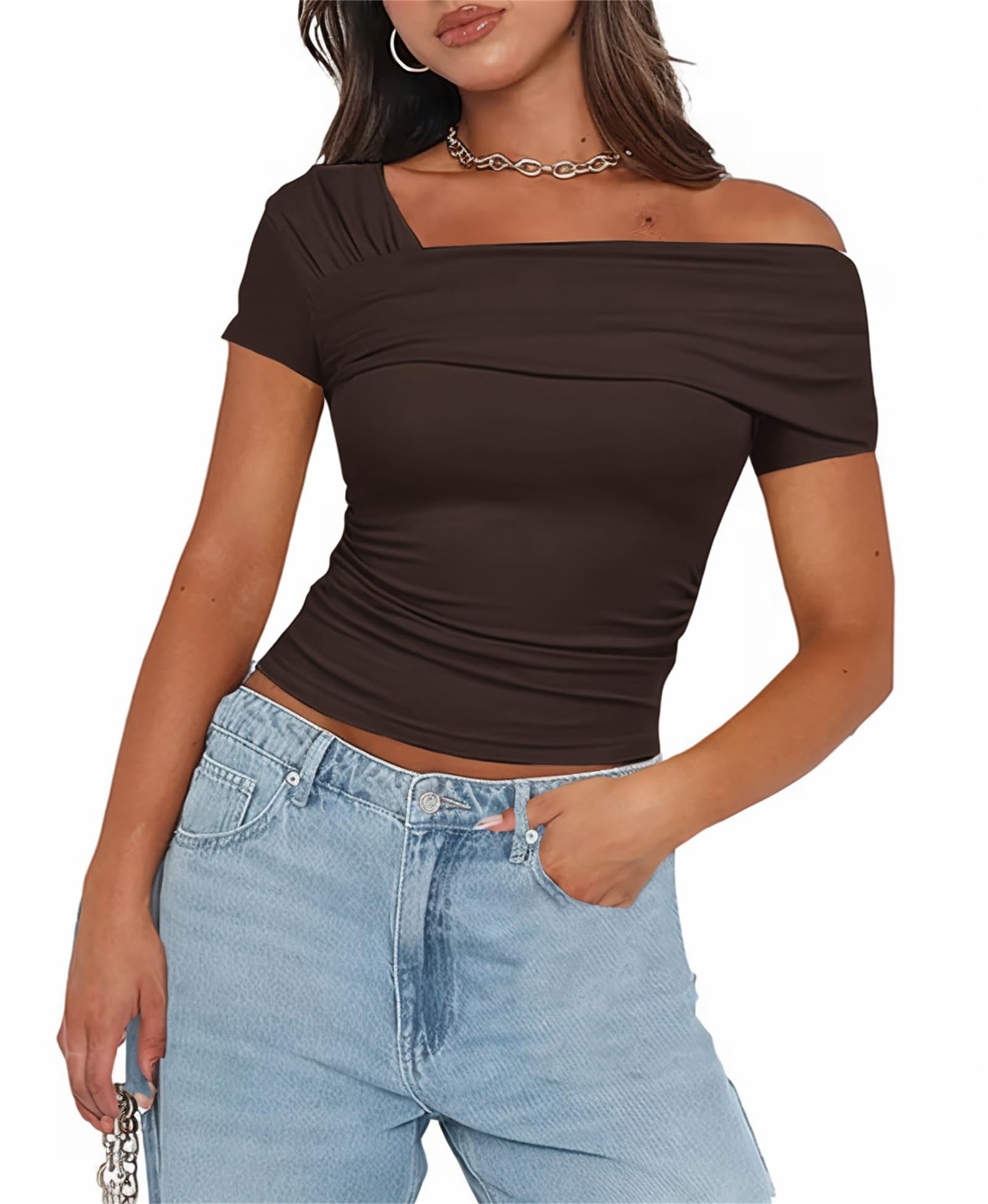 Women's One Off The Shoulder Top - Short Sleeve Ruched Going Out Crop Top Slim Fit Y2K T Shirt
