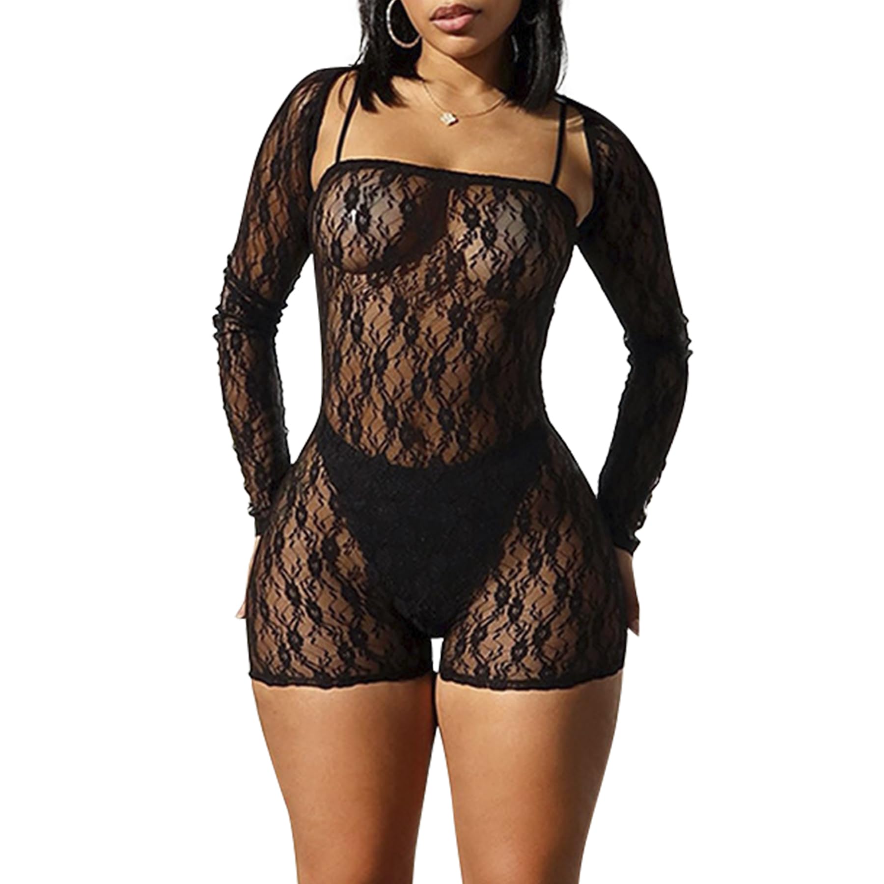 Women Floral Lace See Through 2 Piece Outfits Long Sleeve Cropped Cardigan and Shorts Jumpsuits Outfits