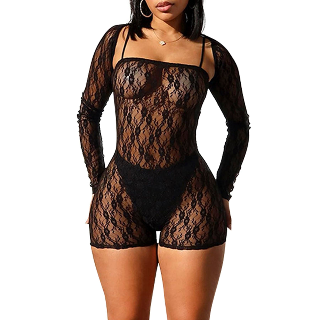 Women Floral Lace See Through 2 Piece Outfits Long Sleeve Cropped Cardigan and Shorts Jumpsuits Outfits