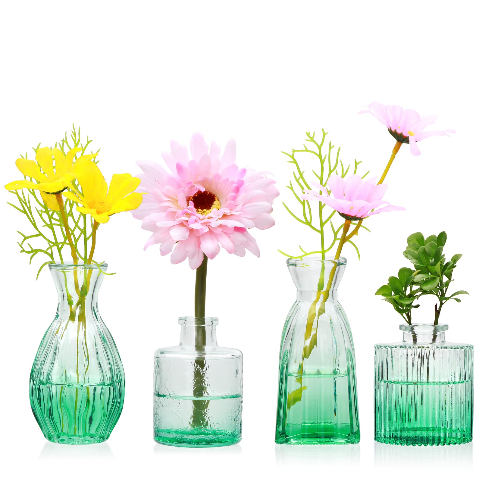 Glass Bud Vases Set of 4, Small Flower Vases for Wedding Centerpiece Vintage Embossed Mini Vases