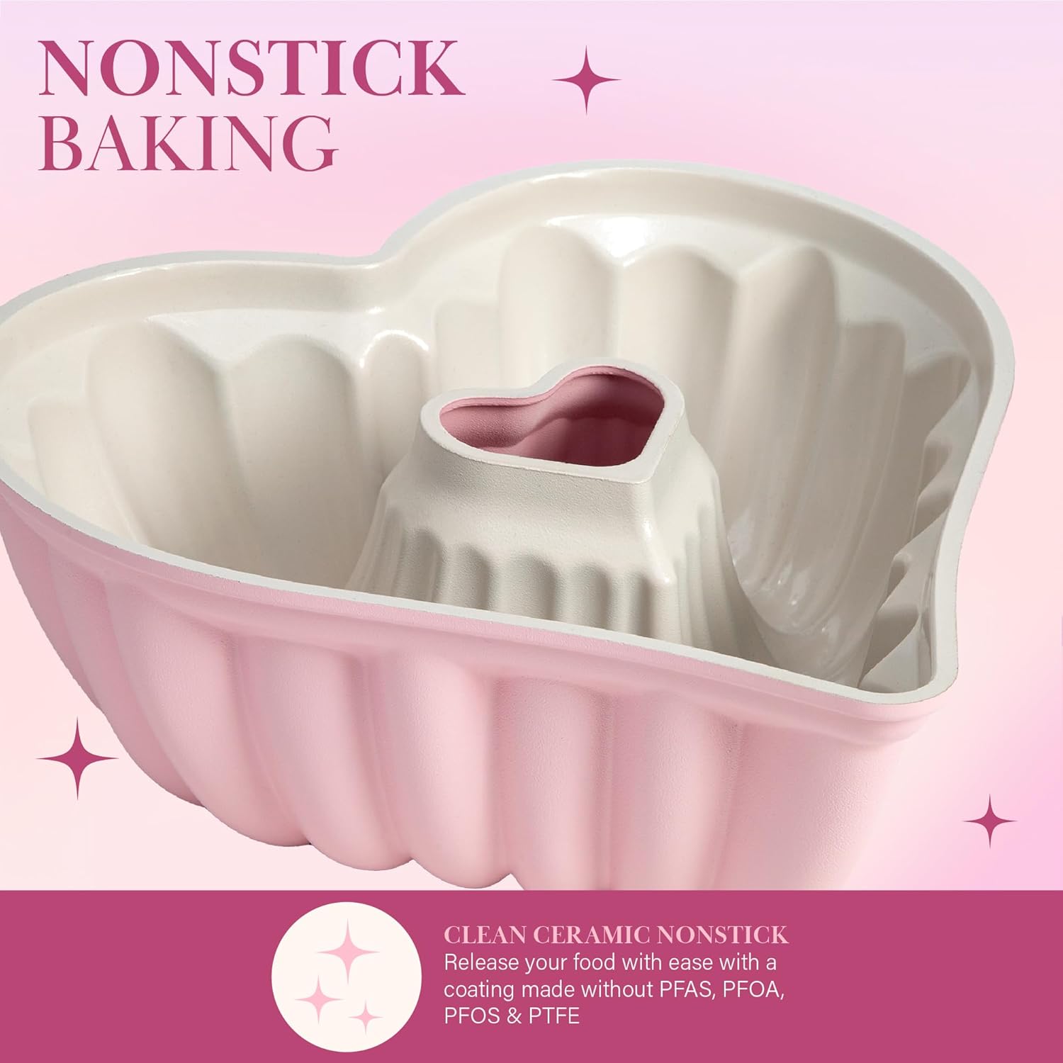 Paris Hilton 9-Inch Heart-Shaped Fluted Cake Pan, Cast Aluminum with Ceramic Nonstick Coating, Dishwasher Safe, Pink