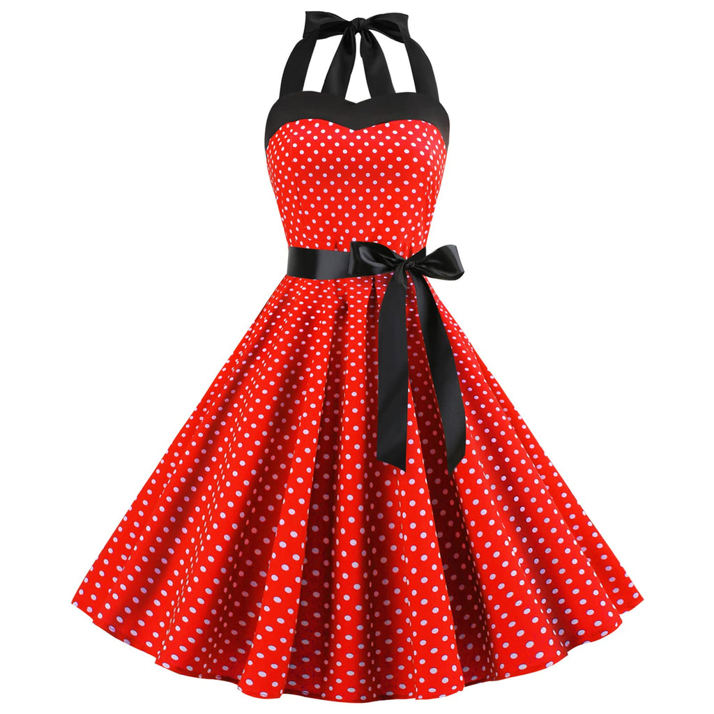 Vintage Women 1950s Rockabilly Swing Dress Pinup 50s Retro Hepburn Style Halterneck A-Line Dresses