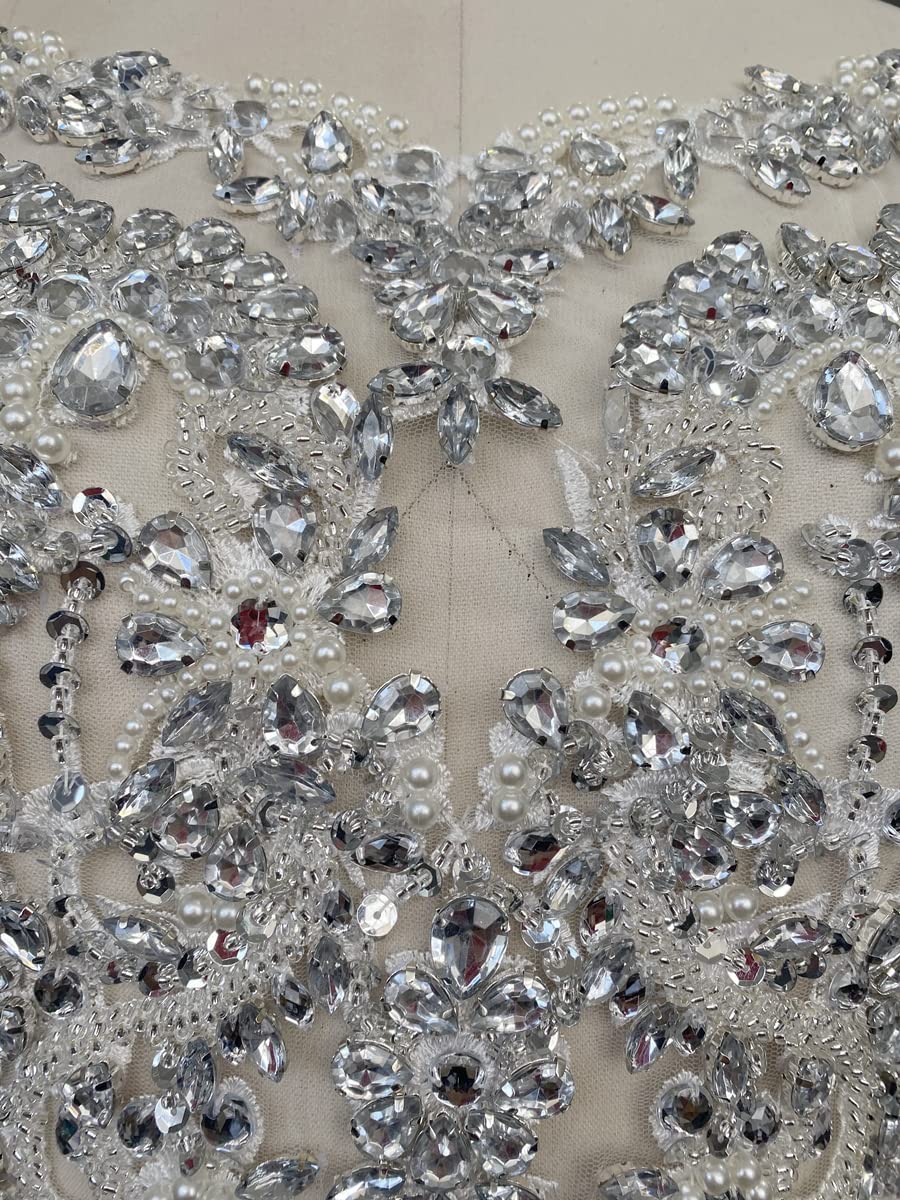 Handmade red/Blue/Gold/Green Rhinestones lace Bodice Applique Sewing Beads Crystal Trim Patches Accessory for Dress Clothes (Rose red)