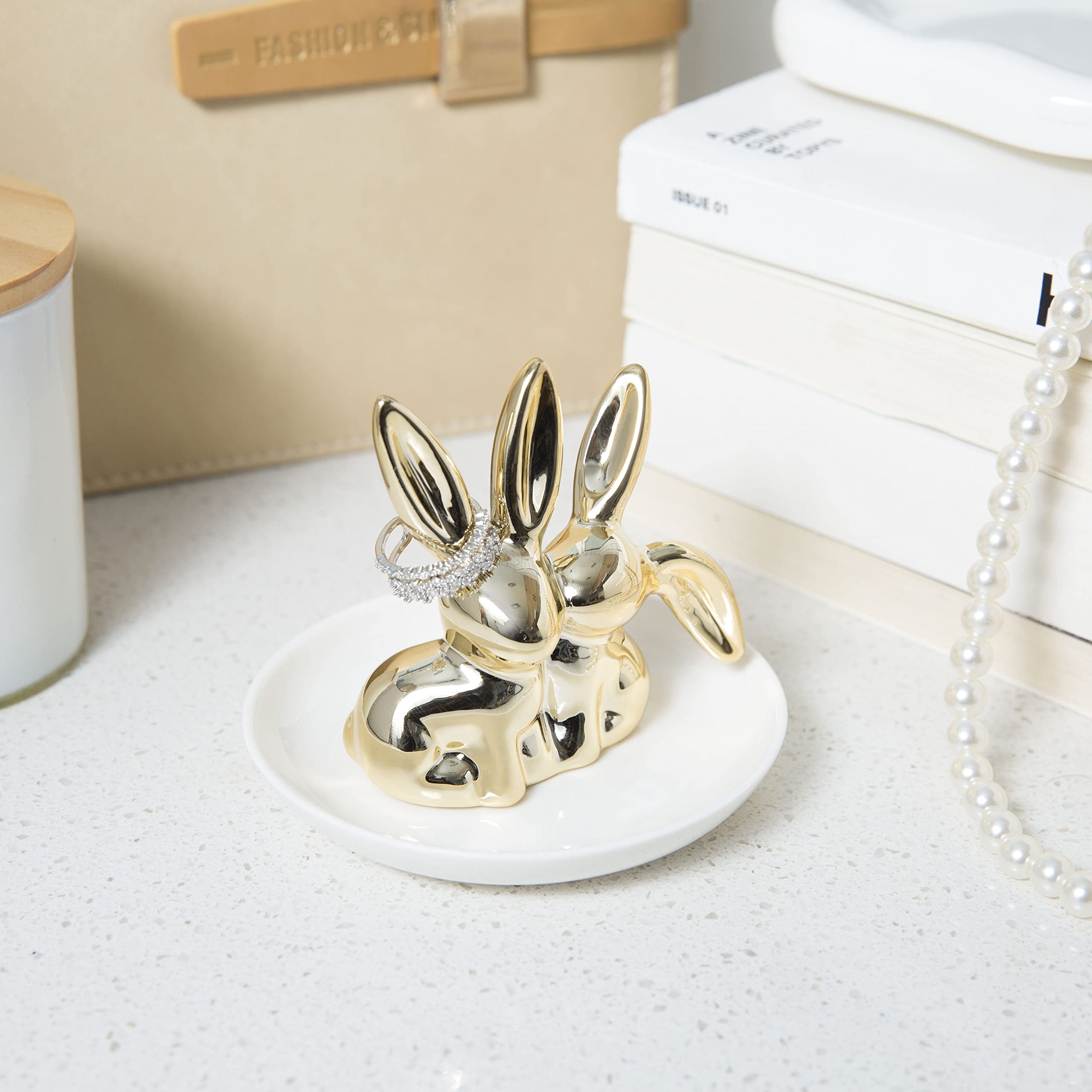 Ceramic Bunny Ring Holder - Rabbit Ring Dish Jewelry Holder Dish Trinket tray for Rings Earrings Necklace Organizer