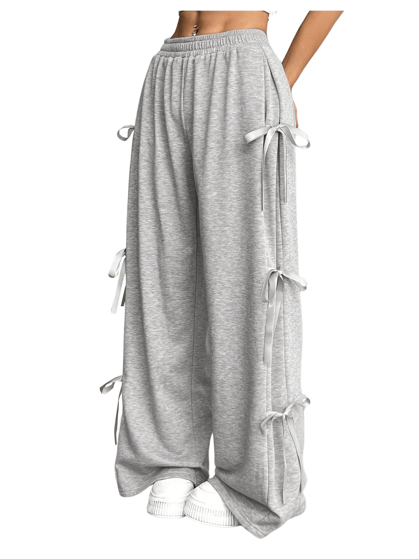 Women's Bow Wide Leg Sweatpants Elastic Waist Casual Baggy Pants with Pocket