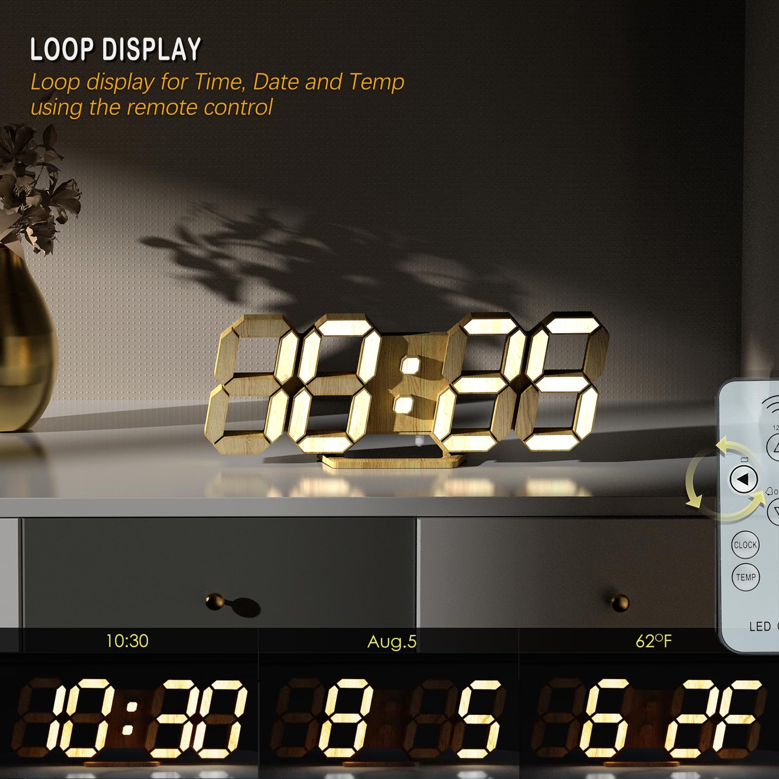 LED 3D Wall Clock 9.7" Clock with Remote/Dimming/12/24H/Temp/Alarm Clock/Date