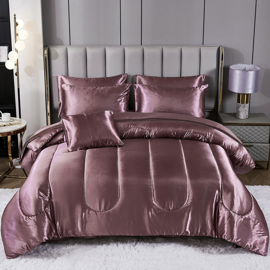 Satin Comforter Set with Sheet Set Full Silk Like Hot Pink Bed in a Bag Luxury Silky Bedding with 1 Comforter, 1 Flat Sheet, 1 Fitted Sheet, 4 Pillowcases, 1 Cushion Cover (Full, Hot Pink)