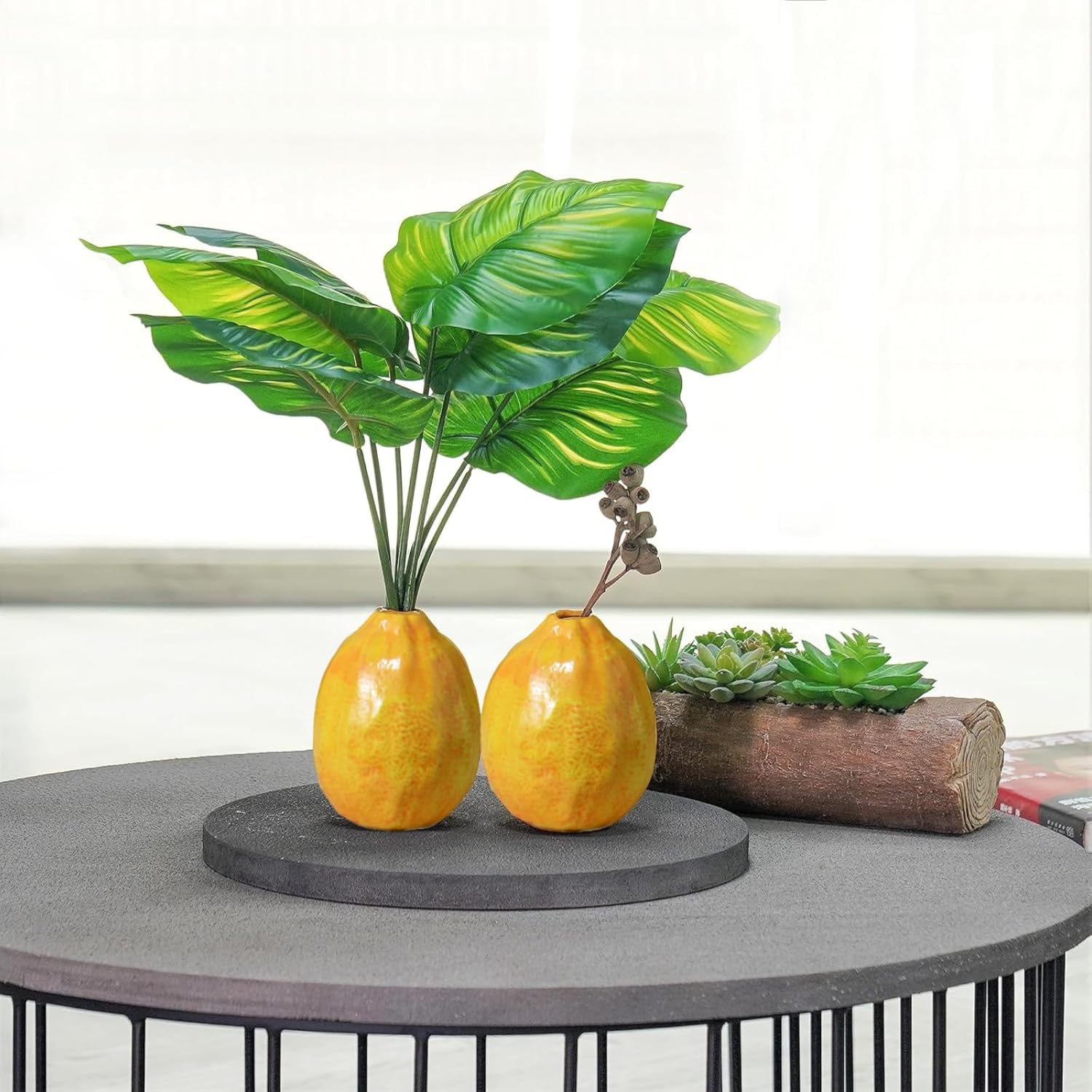 Unique Lemons Shaped Vase for Decor - Set of 2 Fruit Shaped Vase, Ceramic Vases Decor for Flowers, Fake Lemon Decorations Vases for Centerpieces, 3.5 x 3.5 x 4.5 Inch