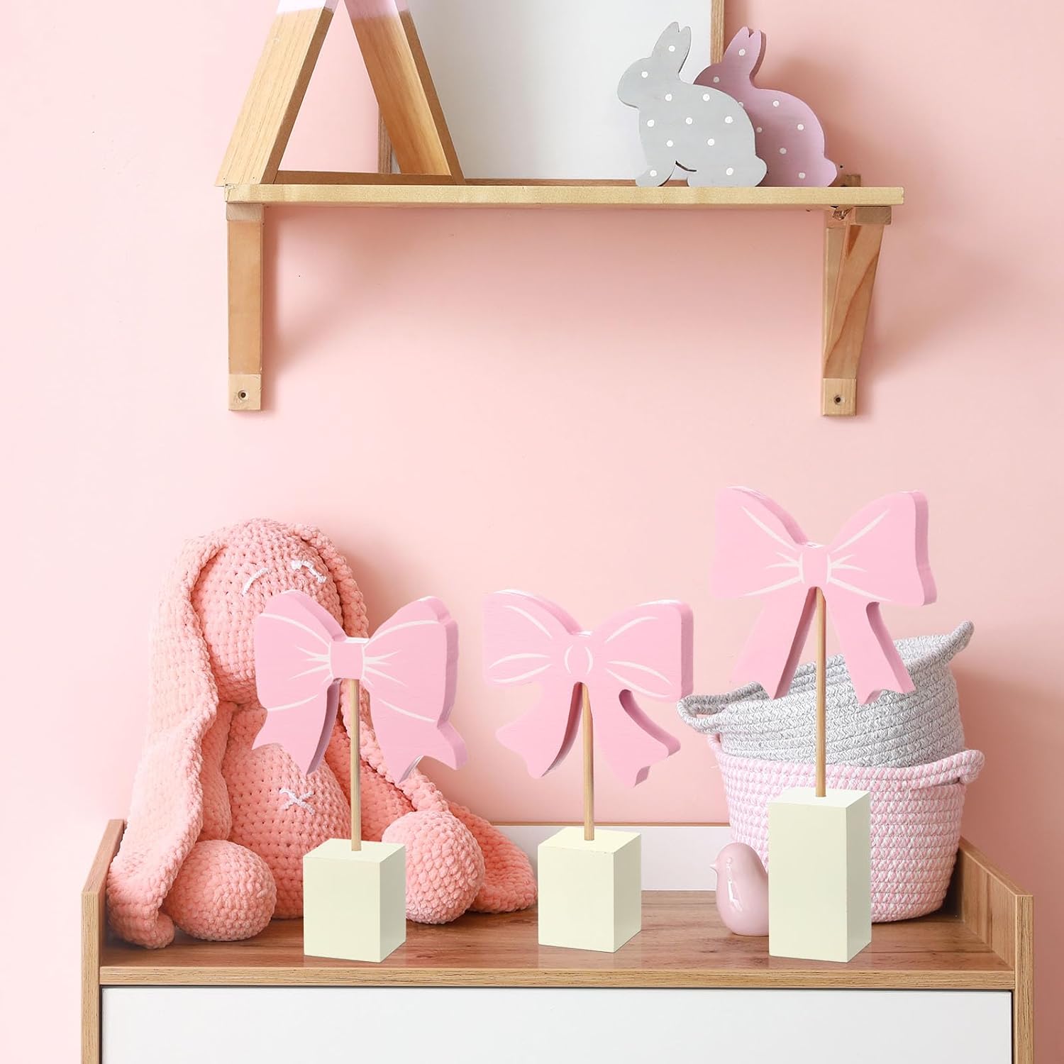 Coquette 3 Pcs Pink Bow Nursery Decor Wooden SignShelf Decor with Base Aesthetic Standing Bowknot Table Sign Centerpiece Accessories