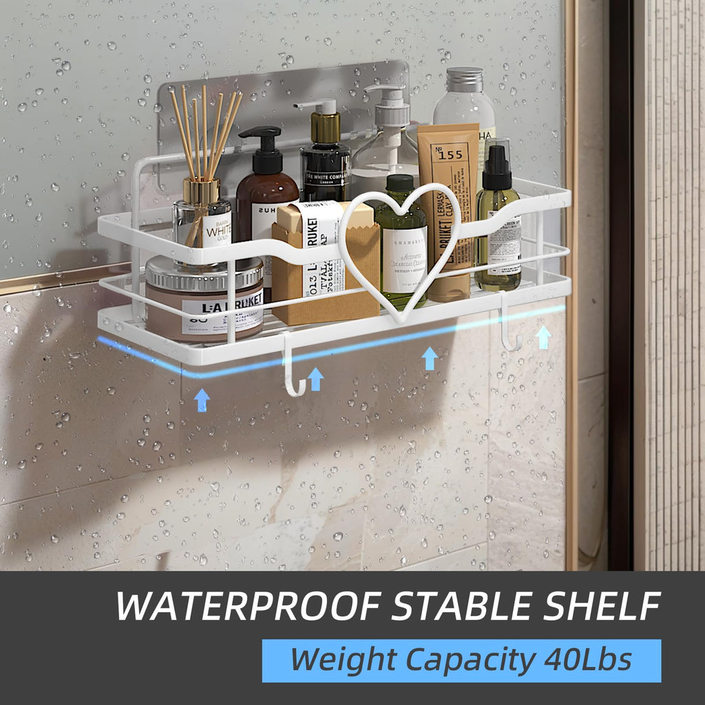 Heart Shower Caddy with 4 Removable Hooks, 2 Pack Sweet Heart Shower Shelves, No Drilling Adhesive Organizer Shelf