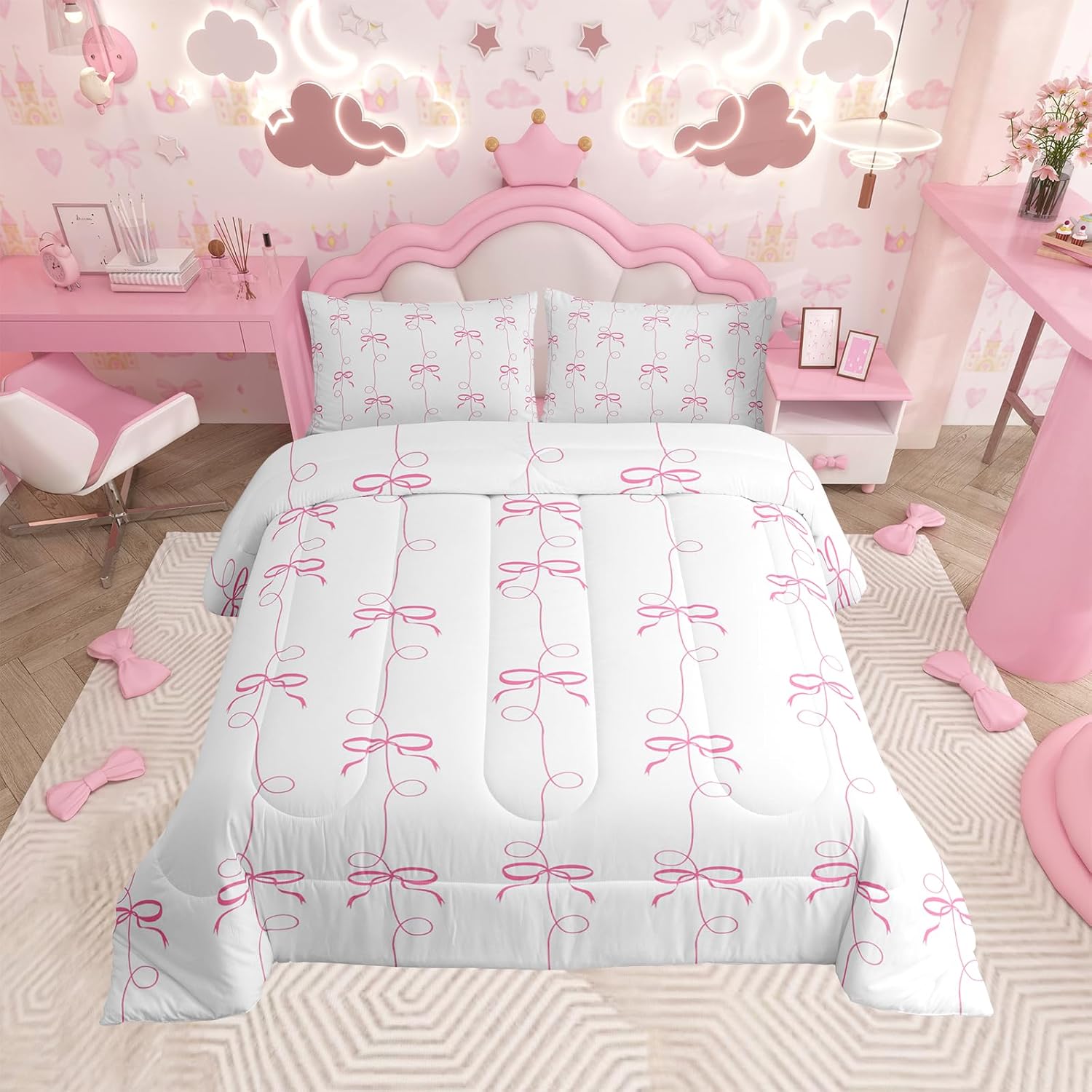 Floral Bowknot Comforter Set,Pink Bow Tie Print Bedding Set Cute Bow Flower Comforter Princess Style Bed Set for All Season