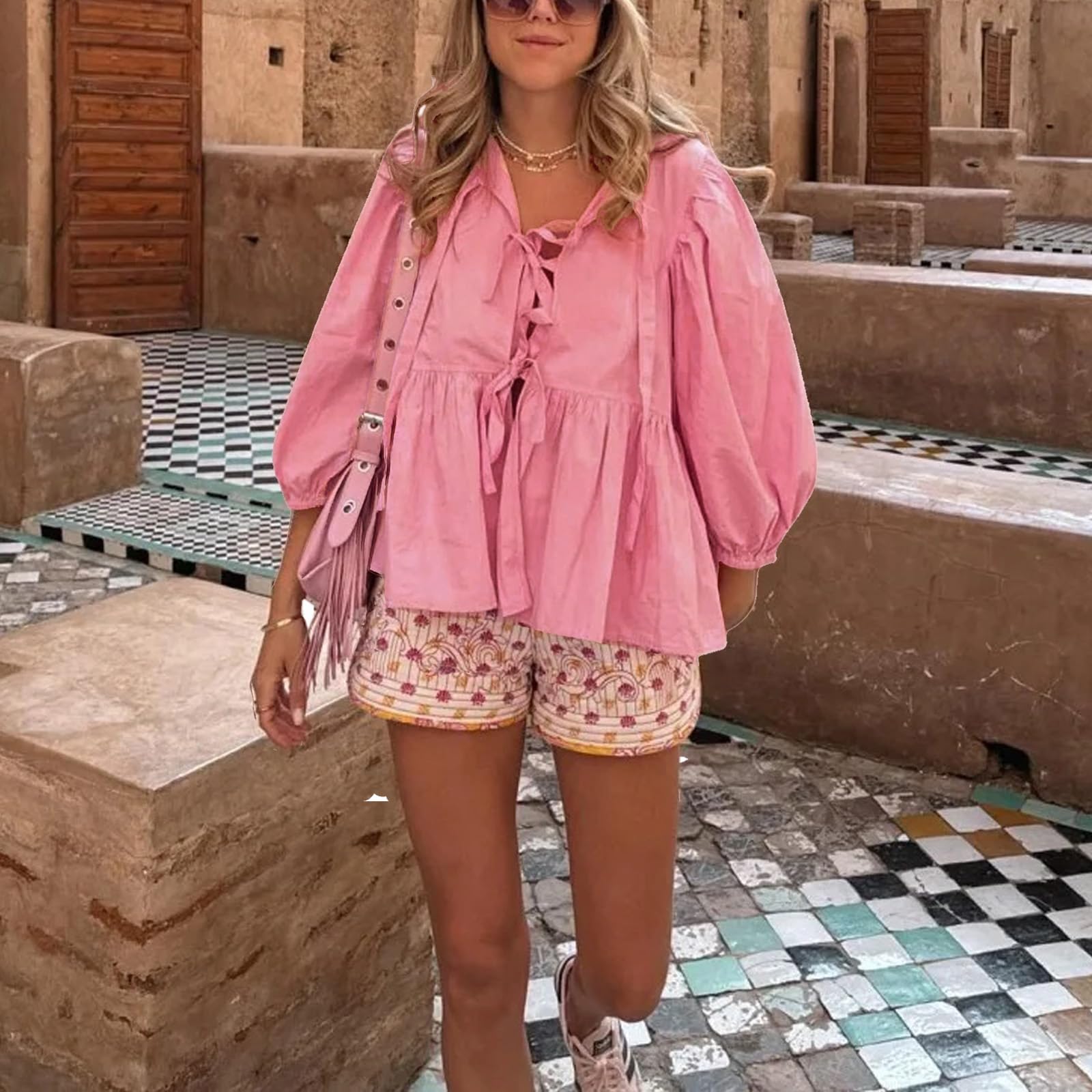 Tie Front Tops Womens Y2k Print Peplum Babydoll Top 3/4 Length Puff Sleeve Coquette Cute Going Out Tops