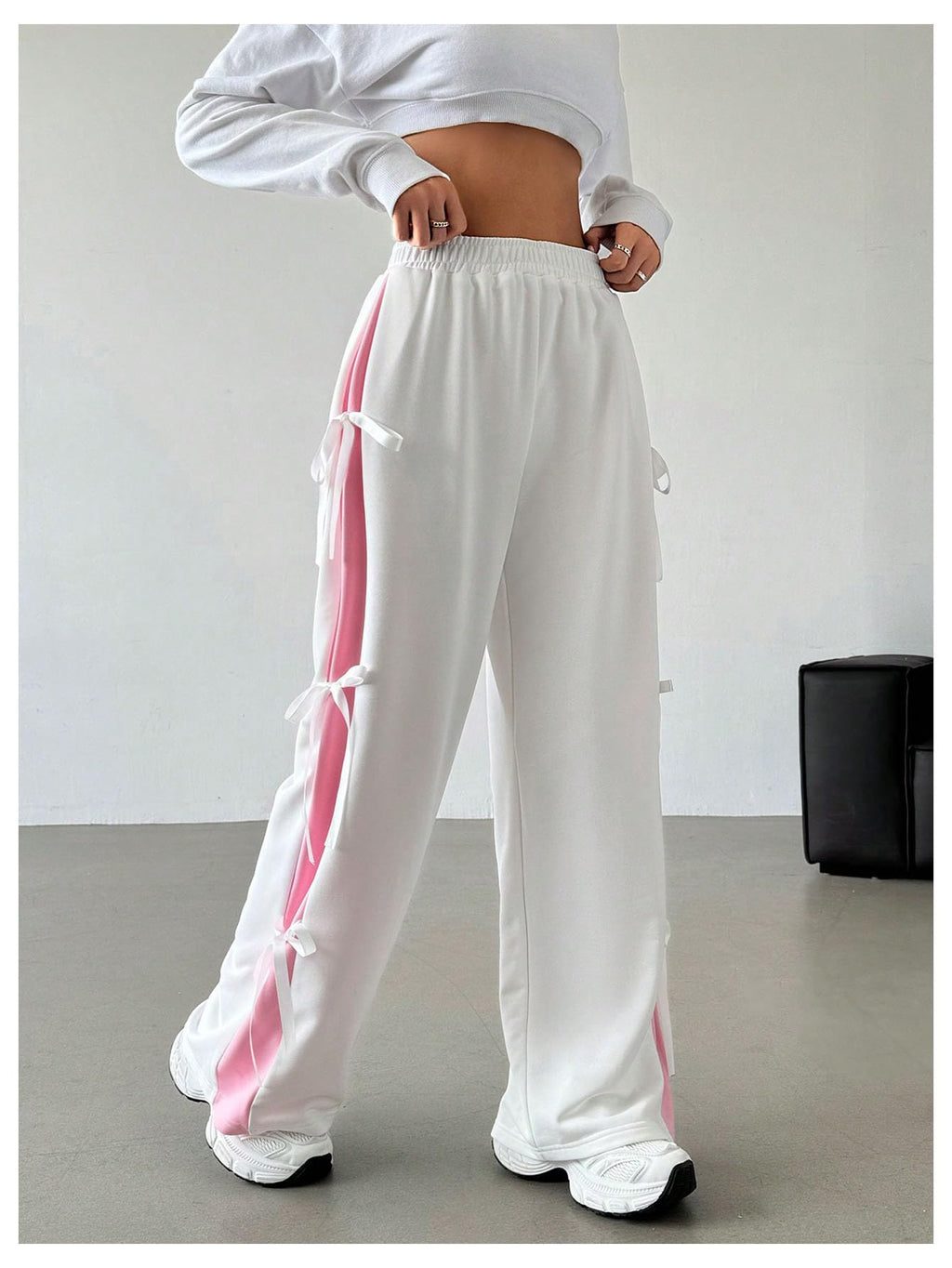 Women's Bow Wide Leg Sweatpants Elastic Waist Casual Baggy Pants with Pocket