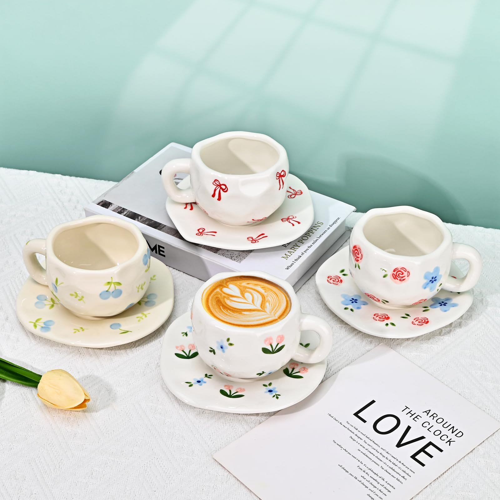 Ceramic Coffee Mug with Saucer Set, Cute Creative Cup Unique Irregular Design, 10 oz/300 ml