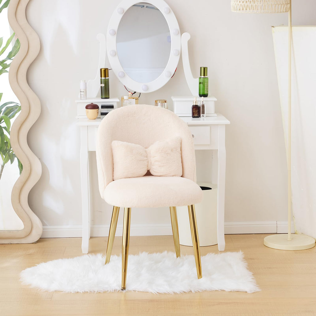 Cute, non-wheeled desk chair with backrest, fluffy cushion, cozy makeup chair with adjustable golden legs