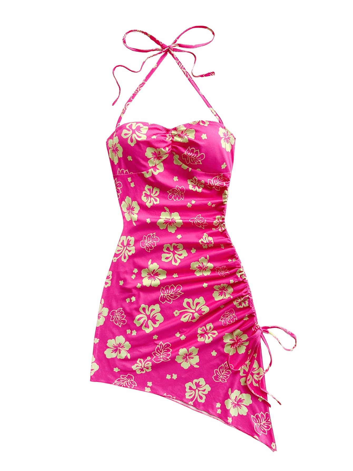 Women's Floral Print Halter Dress Sleeveless Drawstring Asymmetrical Hem Bodycon Dress