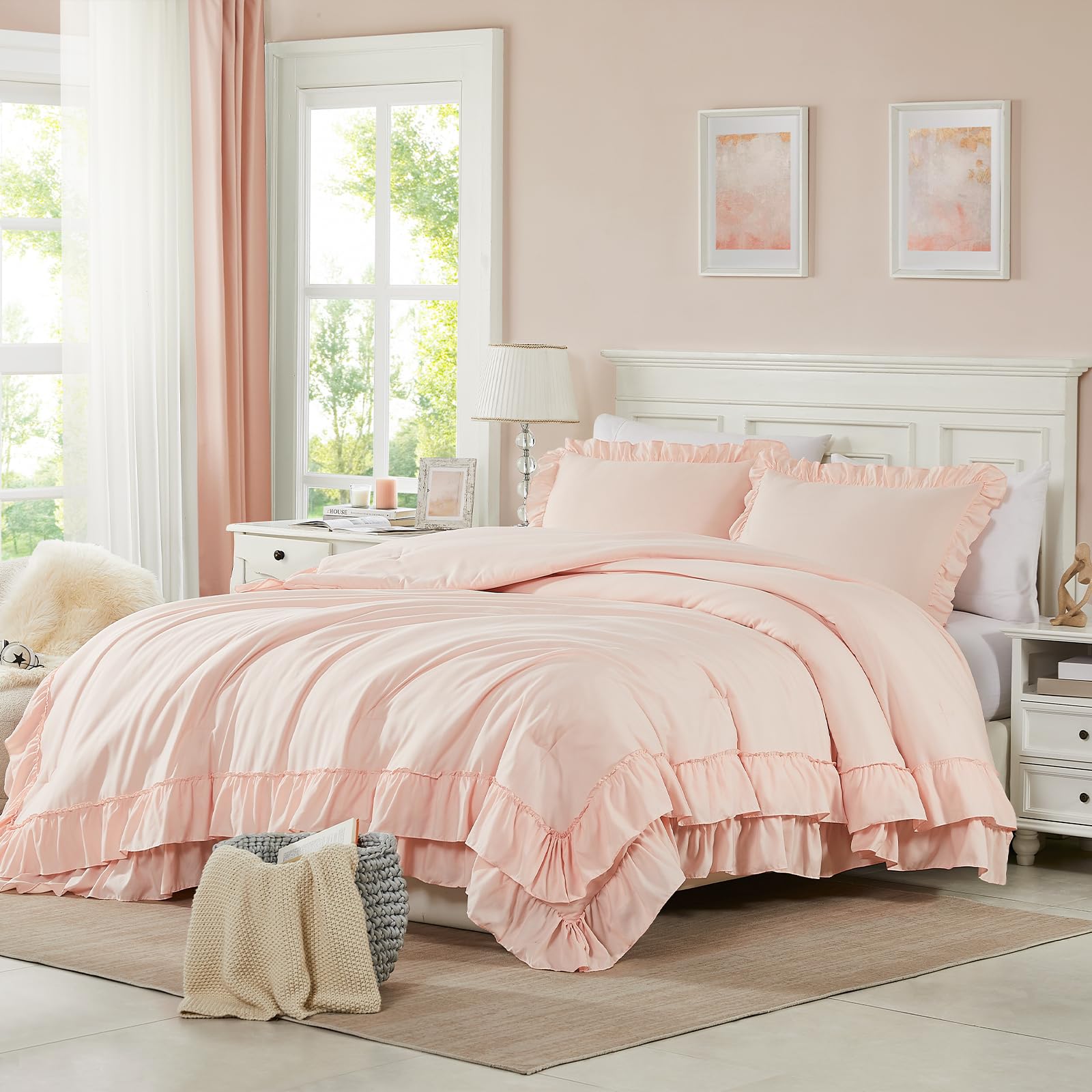Comforter Set, 3Pcs Comforters Ruffle Bedding Sets Queen with Comforter, Lightweight Soft Shabby Chic Bedding Comforter Set Fluffy
