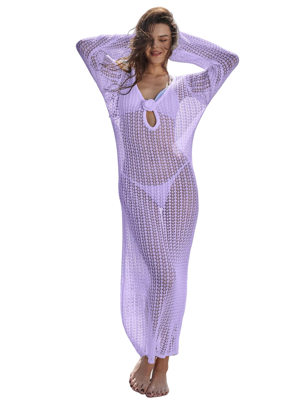 Women's Knitted Swimsuit Cover Up 3D Floral Hollow Out Open Back Tie-Up Maxi Dress Beachwear Coverup Dresses