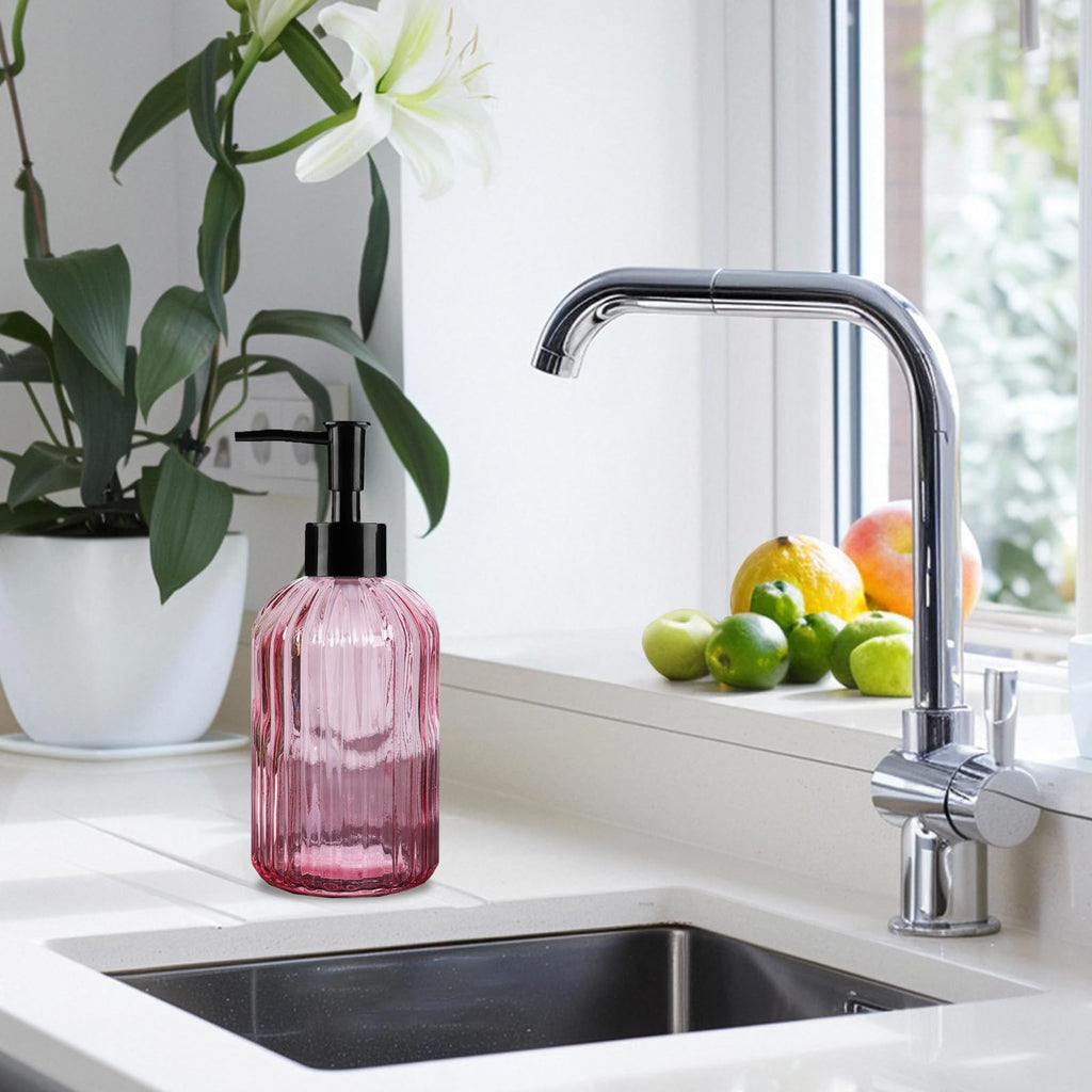 Pink Clear Glass Soap Dispenser 13 Oz/400ml, Striped Transparent Liquid Hand Soap Dispenser for Kitchen & Bathroom