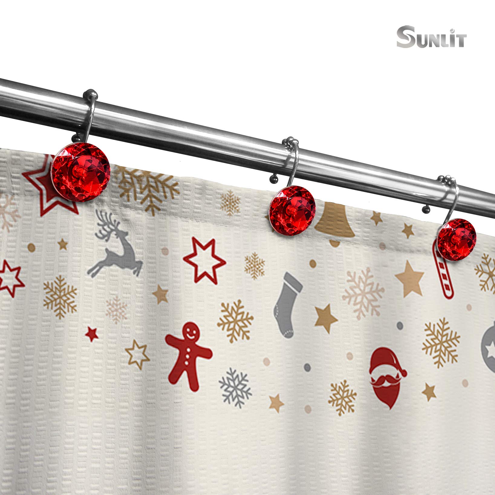 Luxury Design Round Diamond Crystal Gem Bling with Glide Balls Shower Curtain Hooks, Rust Proof Metal Rhinestones Glam Shower Curtain Rings-12 Pack