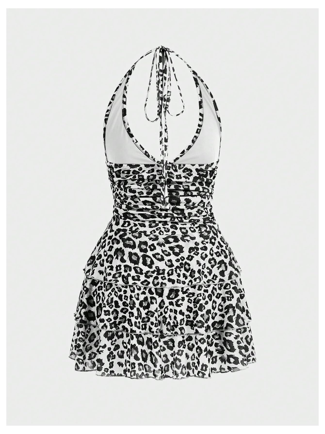 Women's Y2k Leopard Print Halter Dress Mesh Layered Ruffle Hem Animal Cheetah Dresses