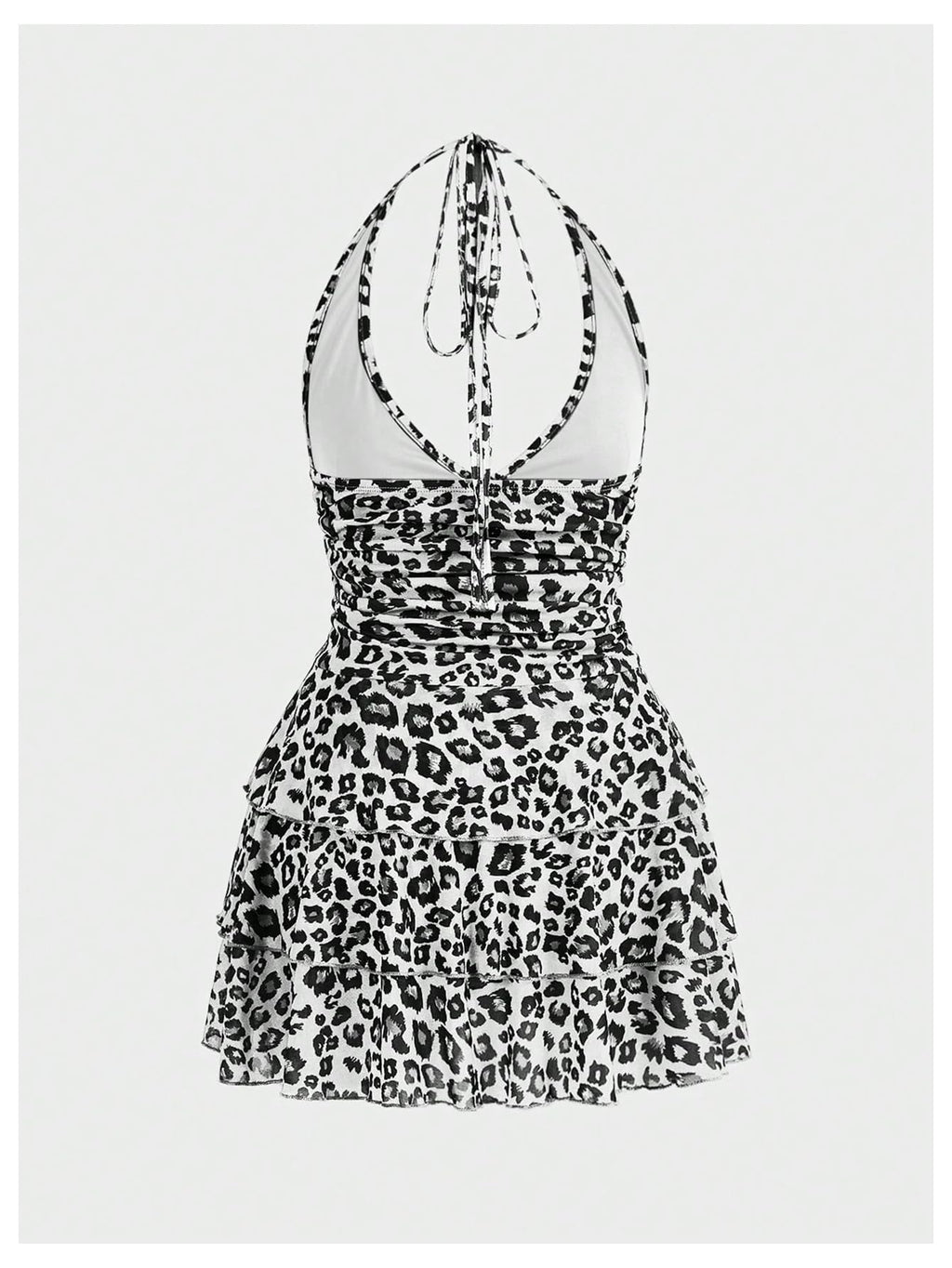 Women's Y2k Leopard Print Halter Dress Mesh Layered Ruffle Hem Animal Cheetah Dresses