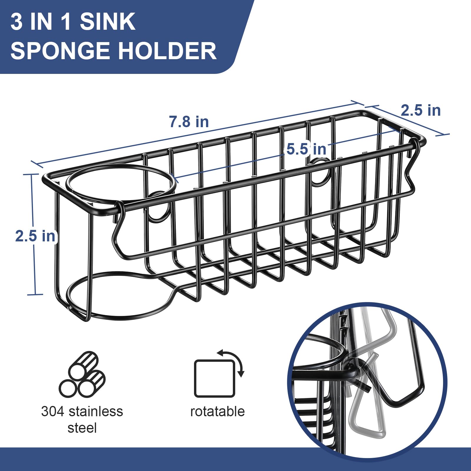 Sponge Holder for Kitchen Sink with Suction Cups & Adhesive Hook, In-sink Sponge Holder, Wall Hanging Sink Caddy Organizer Rack 3-In-1