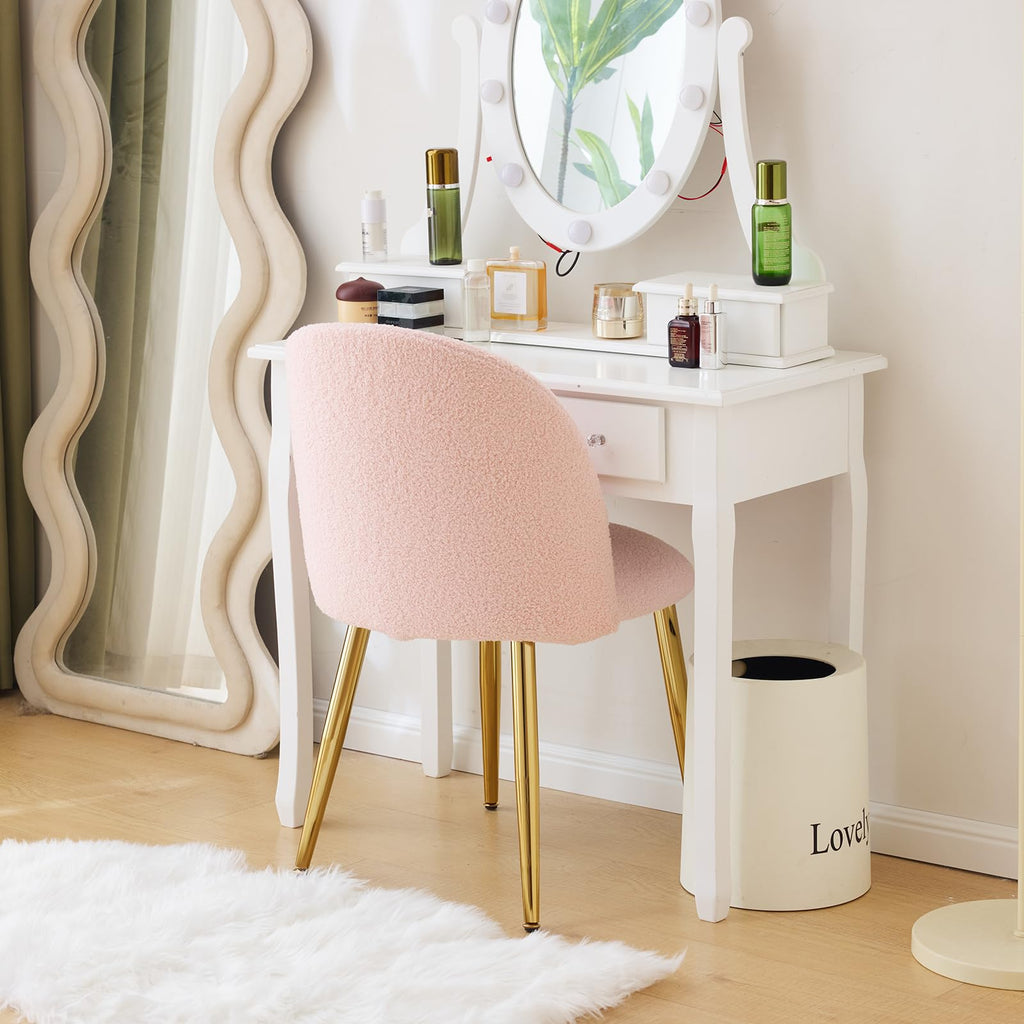 Cute, non-wheeled desk chair with backrest, fluffy cushion, cozy makeup chair with adjustable golden legs
