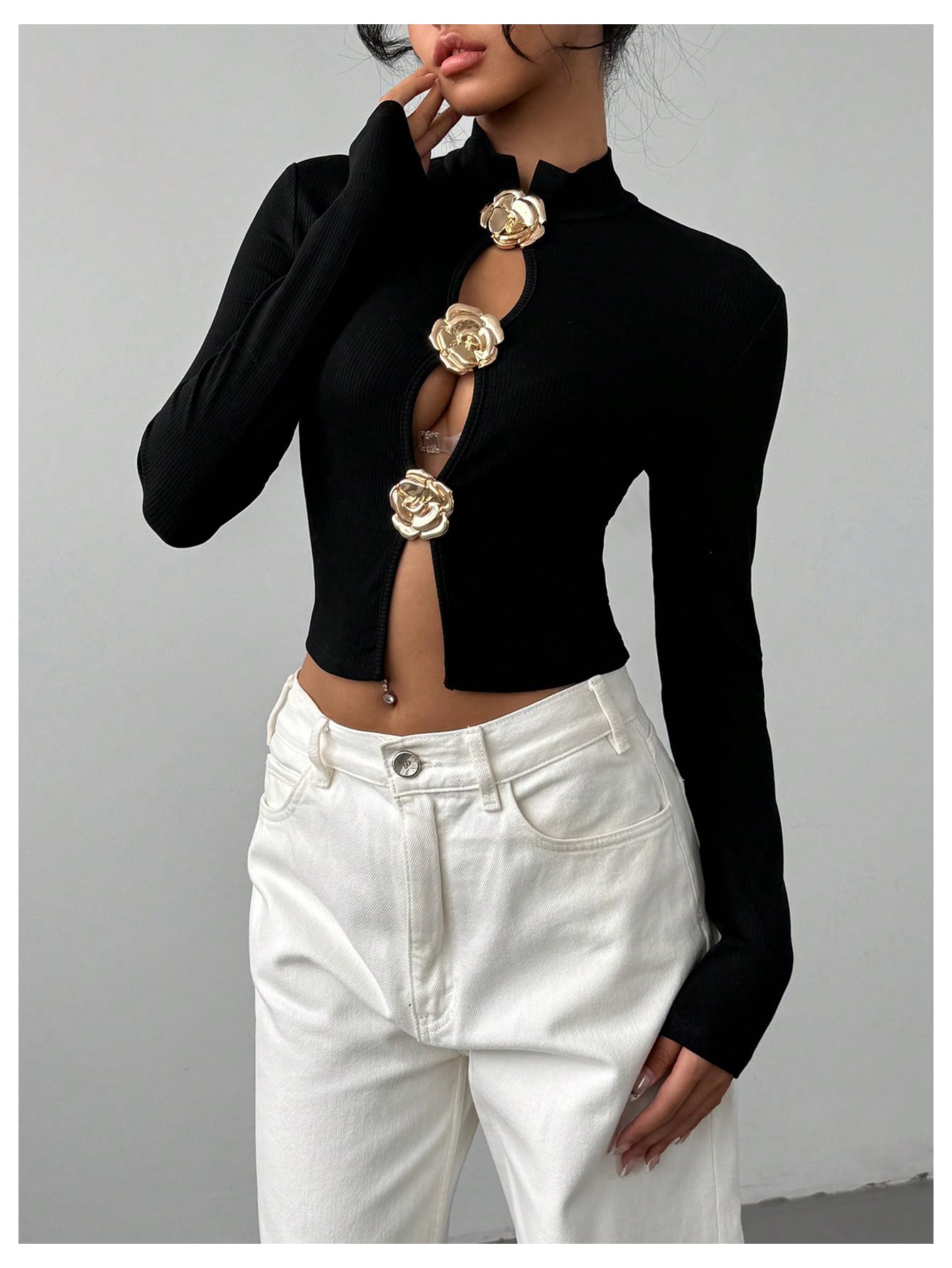 Women's Metallic 3D Floral Cut Out Tee Shirt Long Sleeve Mock Neck Crop Top